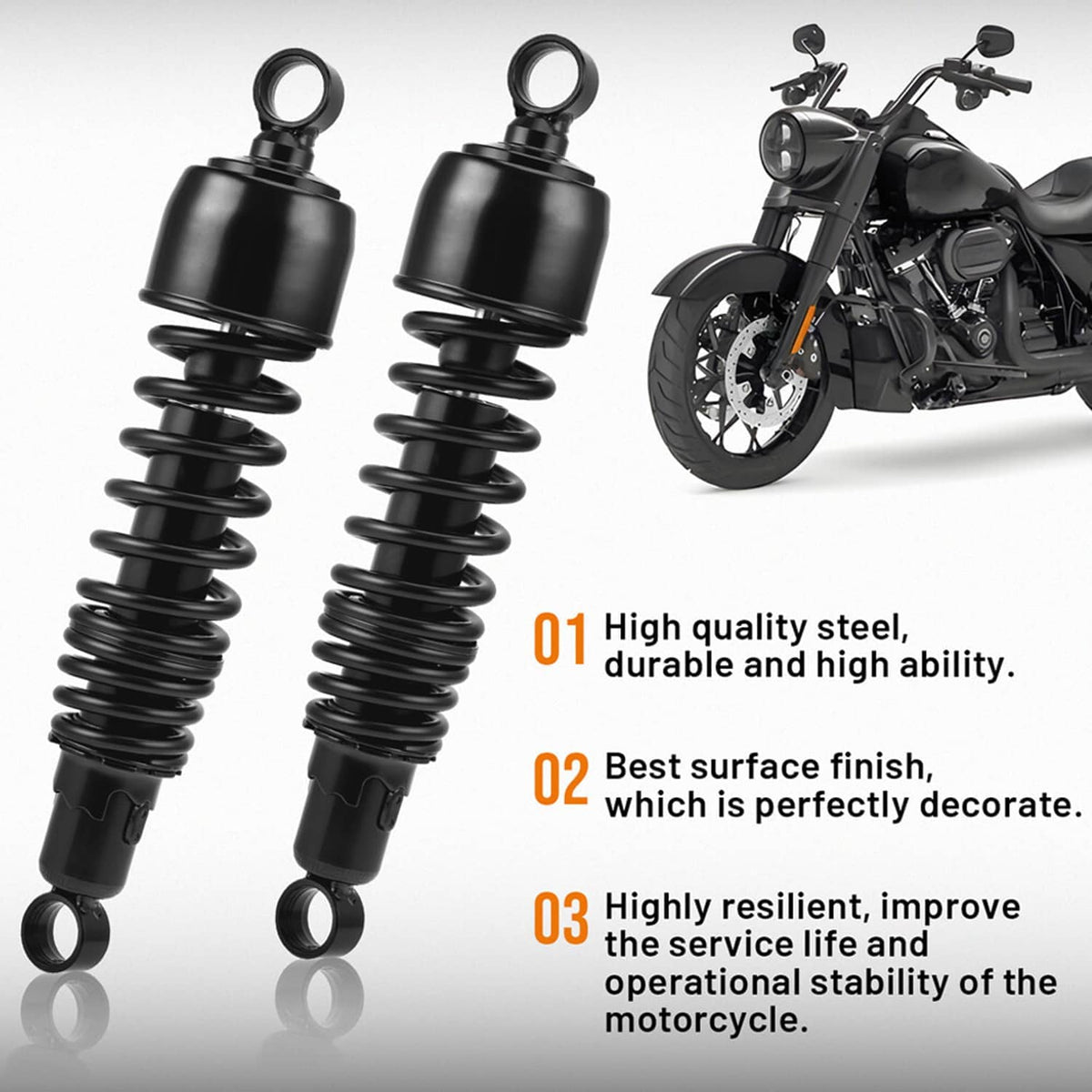 Black rear shock absorbers set with coil springs and top eyelet mounts