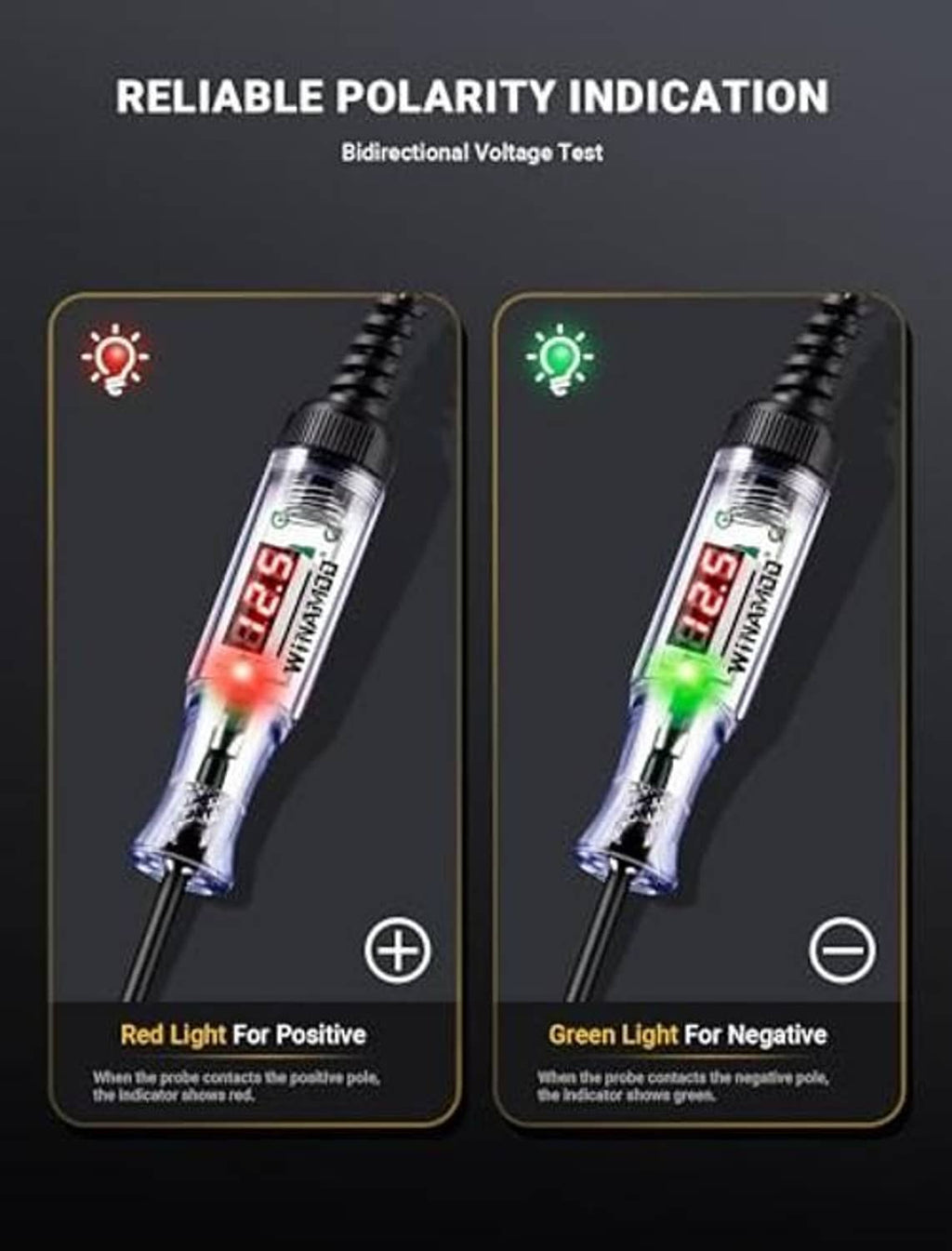 Automotive circuit tester with red and green LED polarity indicators on display