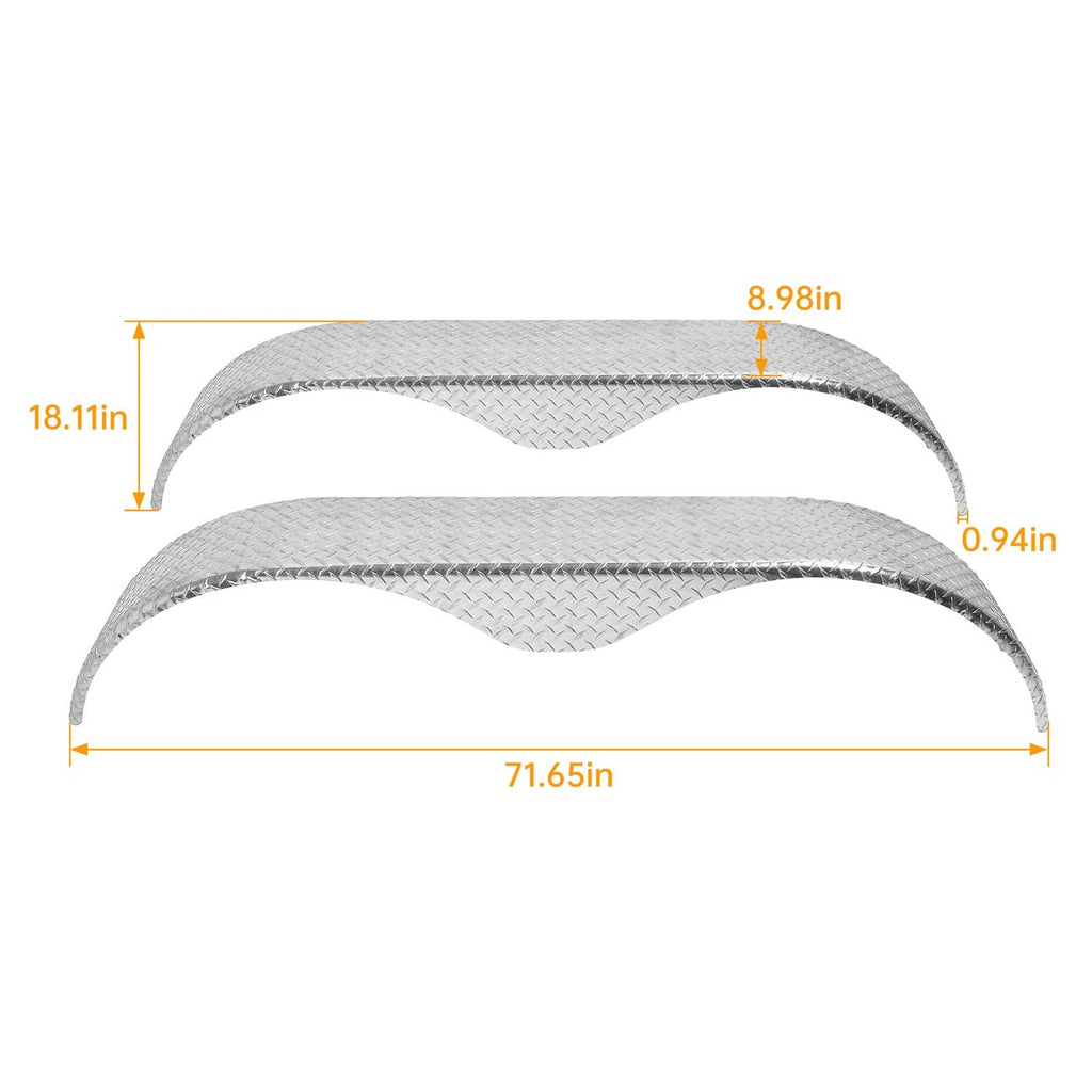 Tandem teardrop tread plate fender set with silver textured finish; side width view