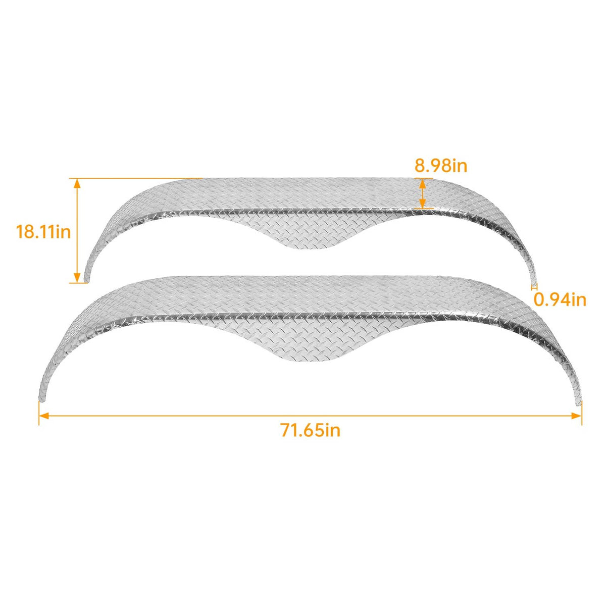 Tandem teardrop tread plate fender set with silver textured finish; side width view