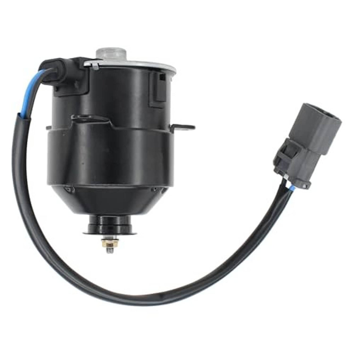Engine radiator cooling fan motor with top sensor housing and attached wiring
