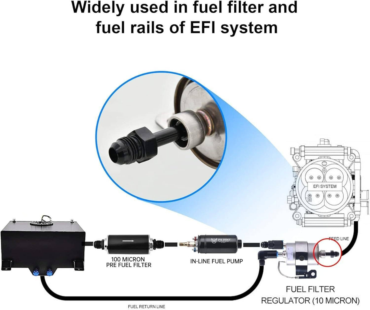 EFI fuel system diagram with black PTFE-lined braided fuel hose and inline adapter
