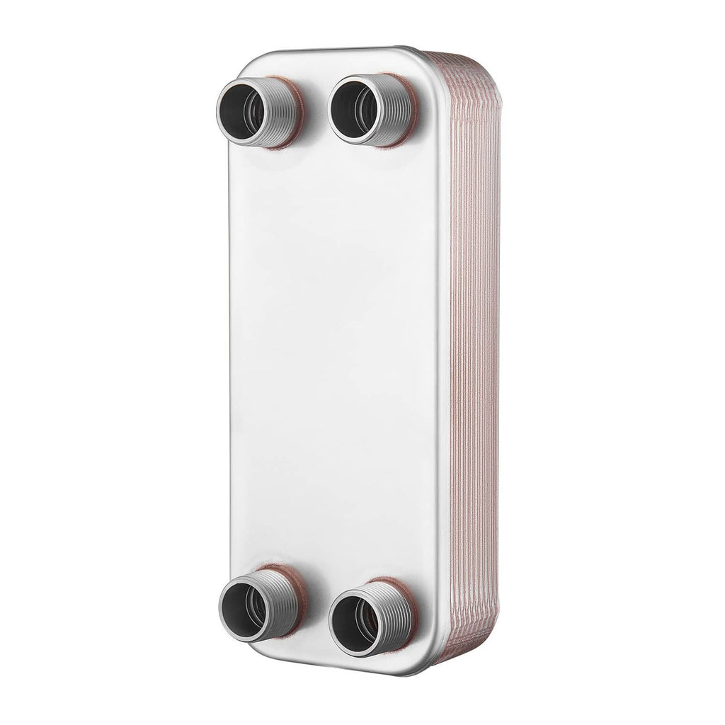 Brazed plate heat exchanger with four threaded ports and copper-toned side plates