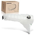 Translucent white pressurized coolant overflow recovery reservoir tank with black cap