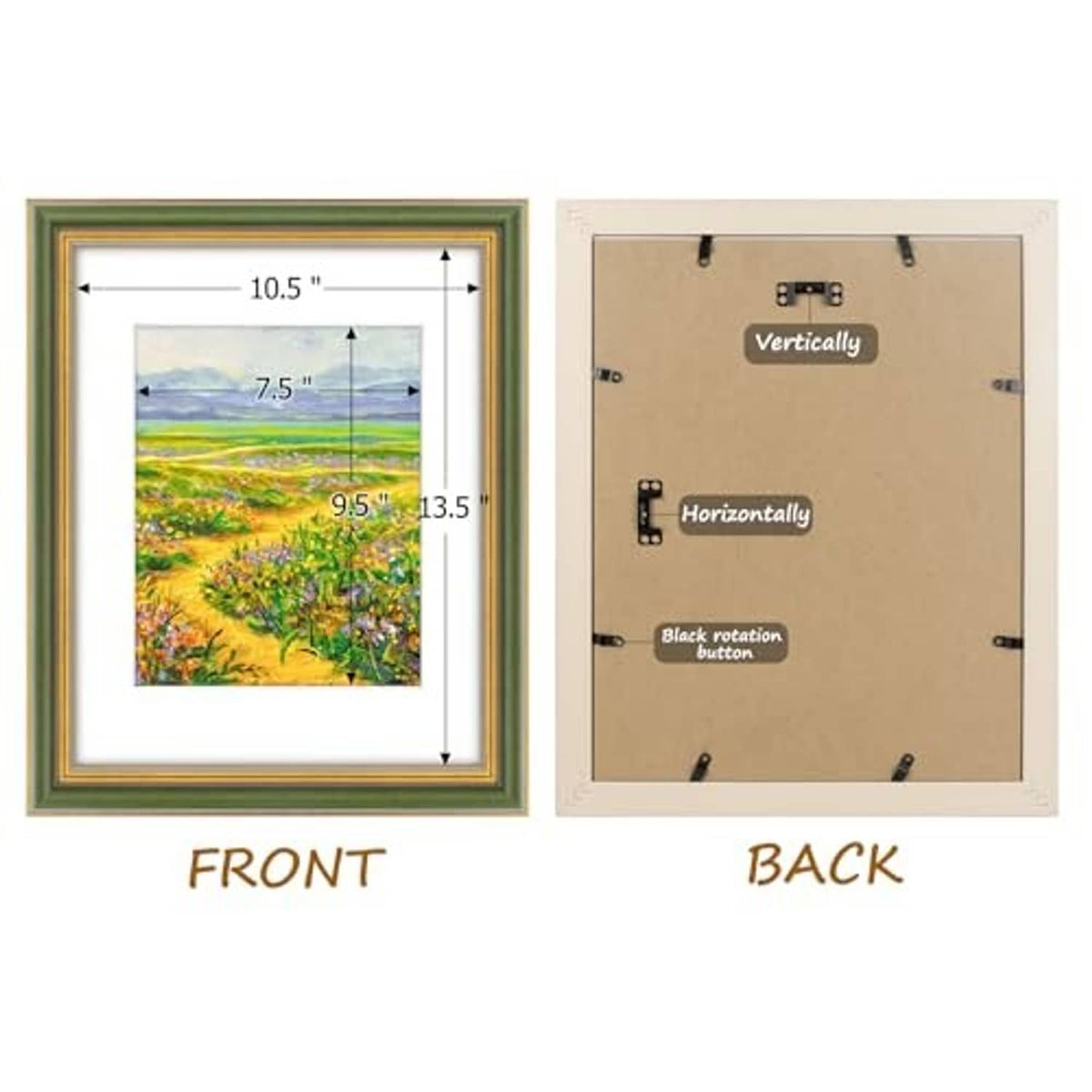 Ornate green and gold frame front and back views with mounting hardware and dimensions.