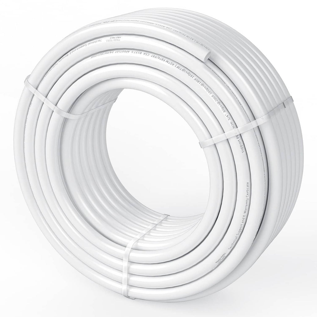 Coiled white PEX-B tubing with visible length and bundle ties