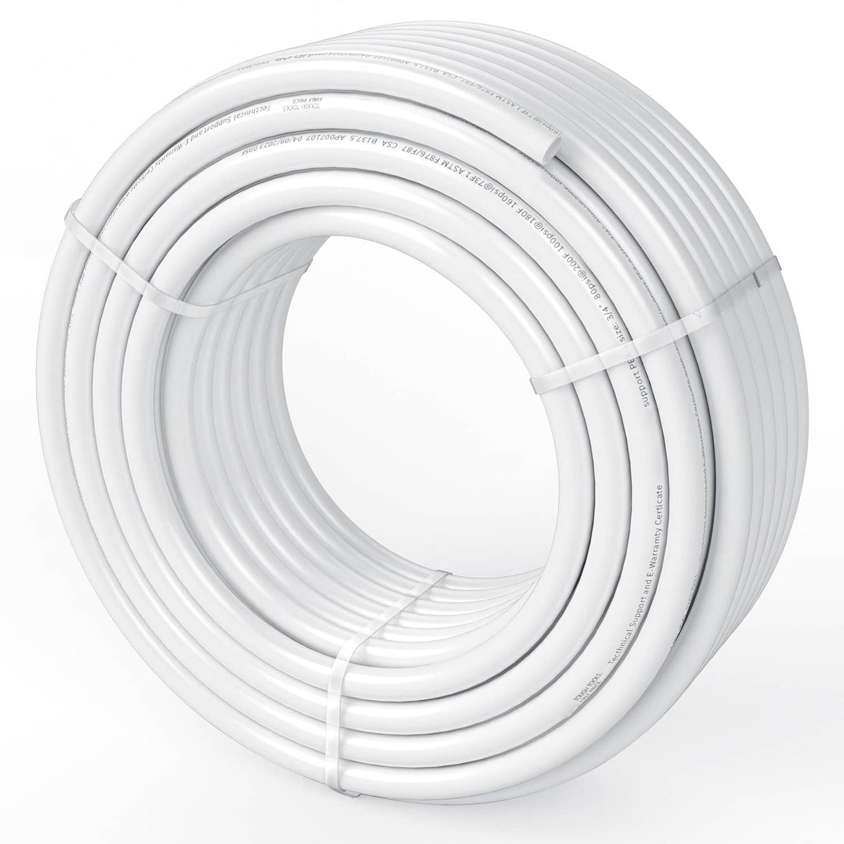 Coiled white PEX-B tubing with visible length and bundle ties
