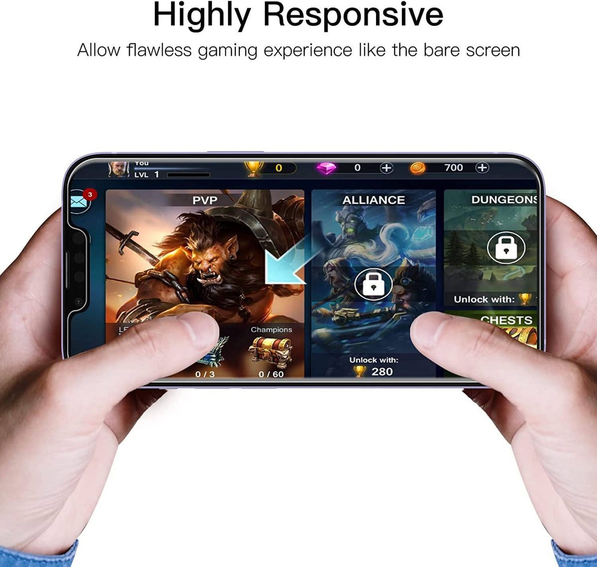 Hands applying a tempered glass screen protector to an iPhone touchscreen