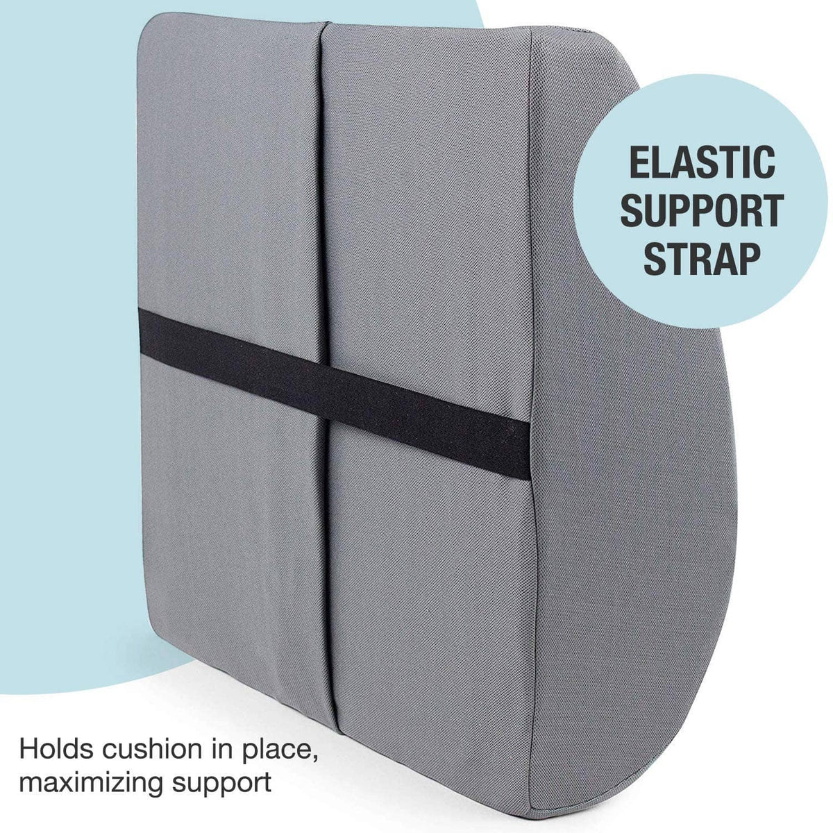 Gray lumbar support pillow with an elastic strap across the back to hold it in place