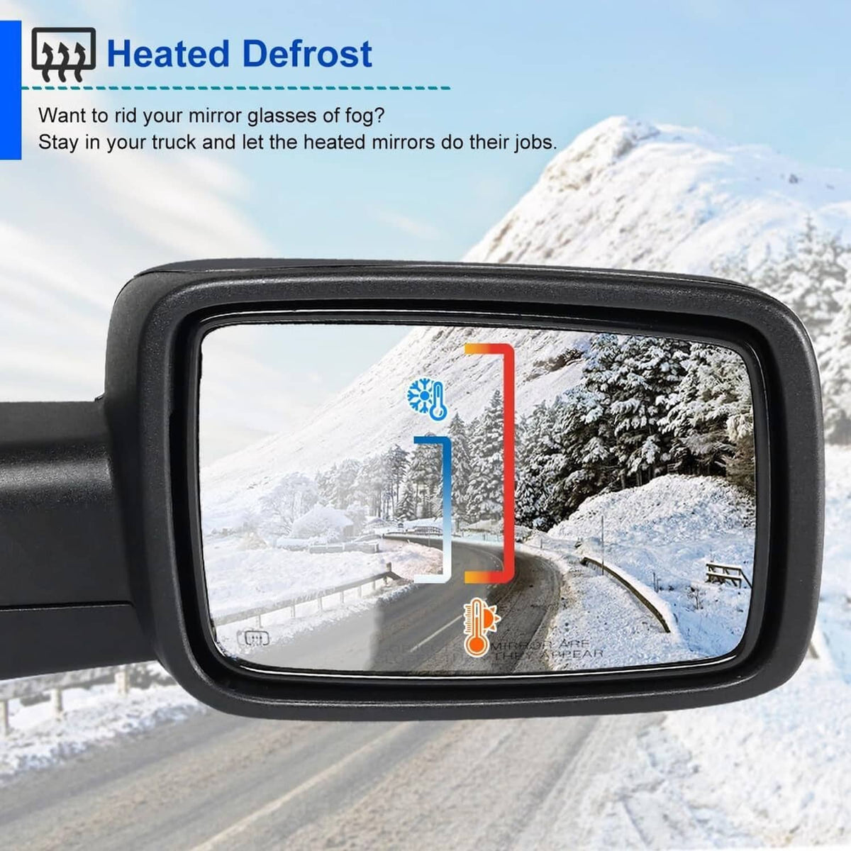 Black right passenger side power towing mirror with large glass and clear turn-signal lens