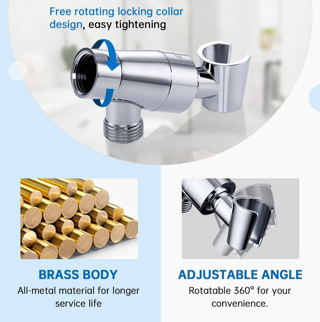 Metal shower head holder with free-rotating locking collar, chrome finish