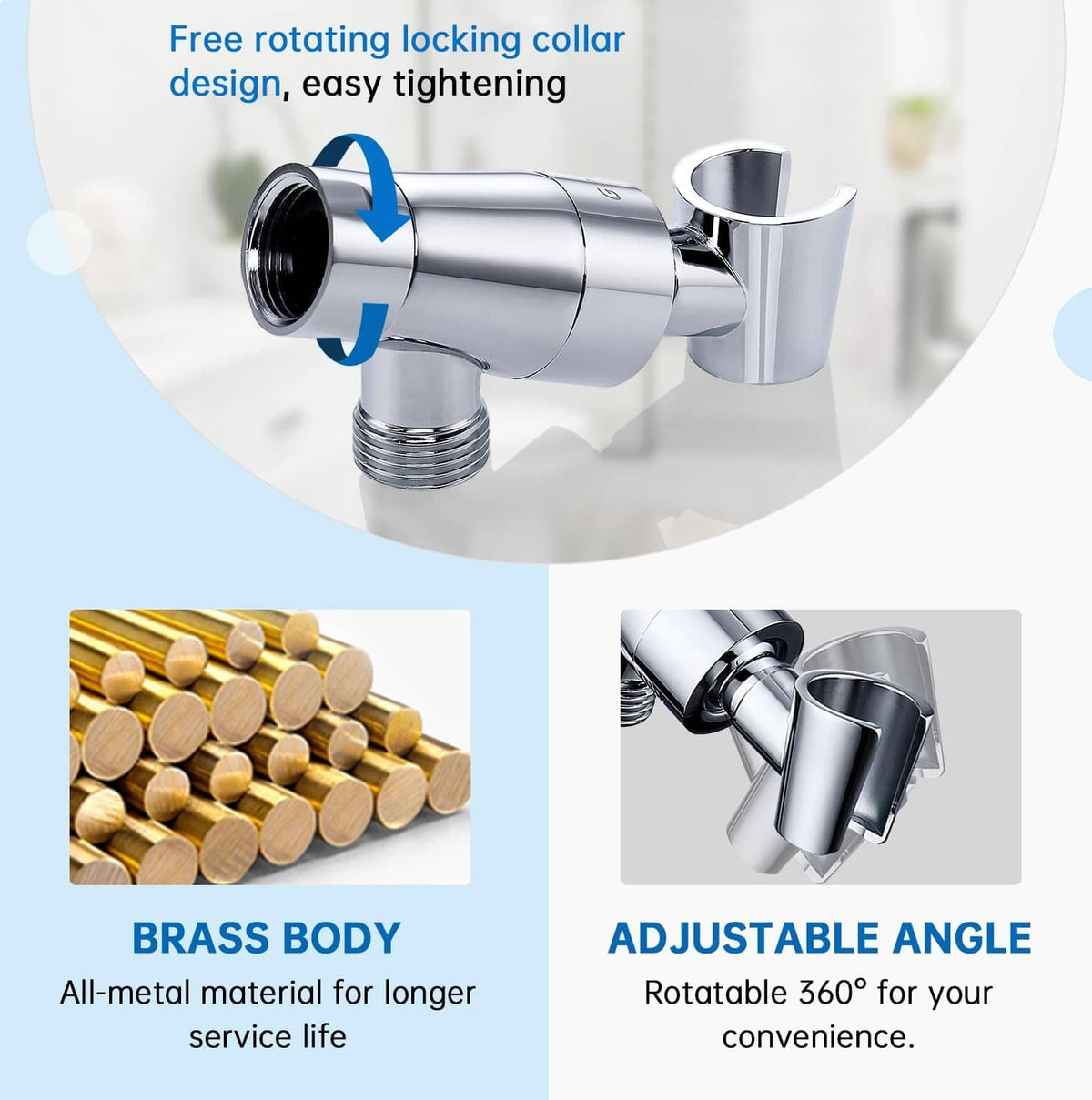 Metal shower head holder with free-rotating locking collar, chrome finish