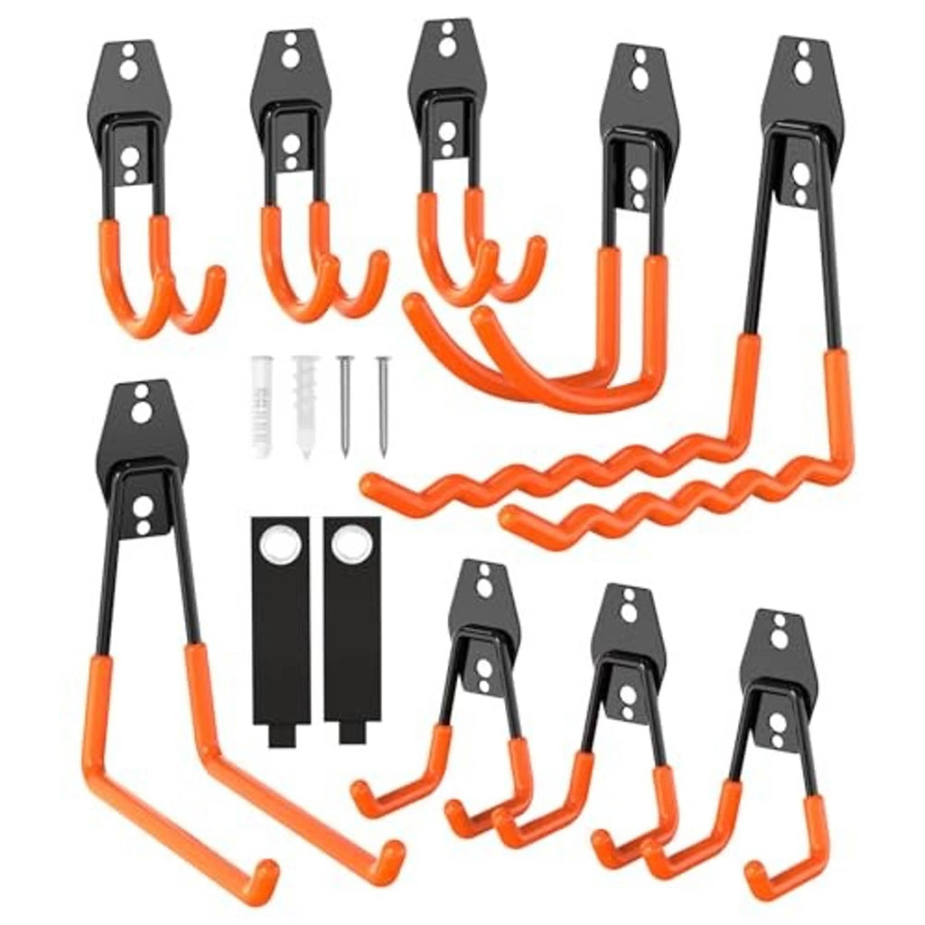 Garage storage hooks set with black steel brackets, orange non-slip PVC tips, and screws