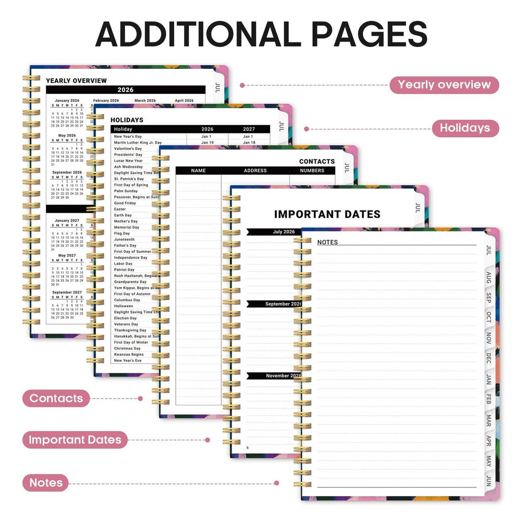 Planner open to extra pages with yearly overview, holidays, contacts, and notes sections