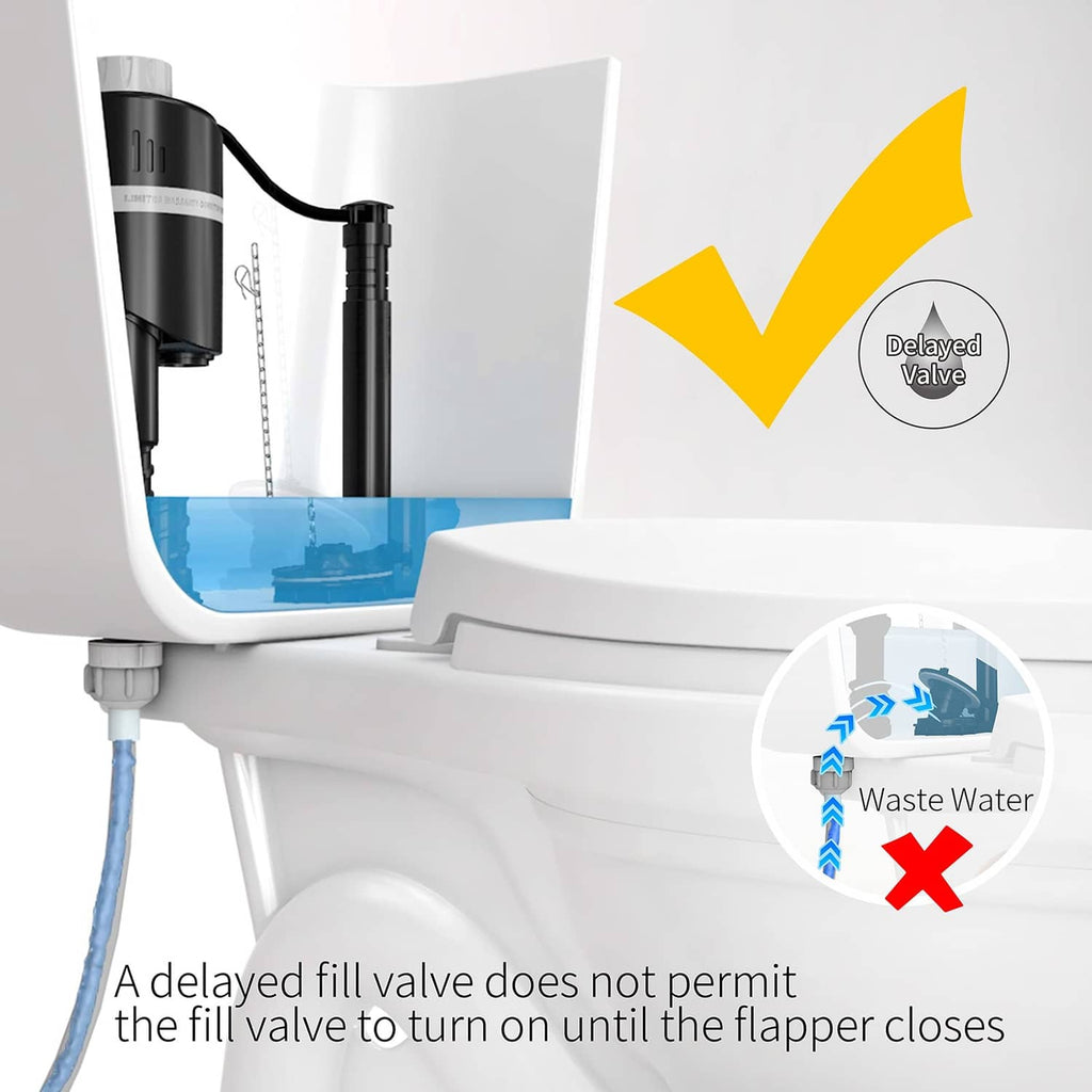 Quiet toilet fill valve with black body and inlet pipe, delayed valve indicator