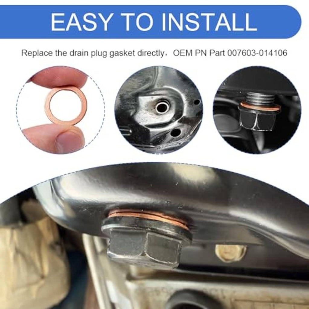 Copper oil drain plug gasket installed on drain bolt, round copper washer with center hole