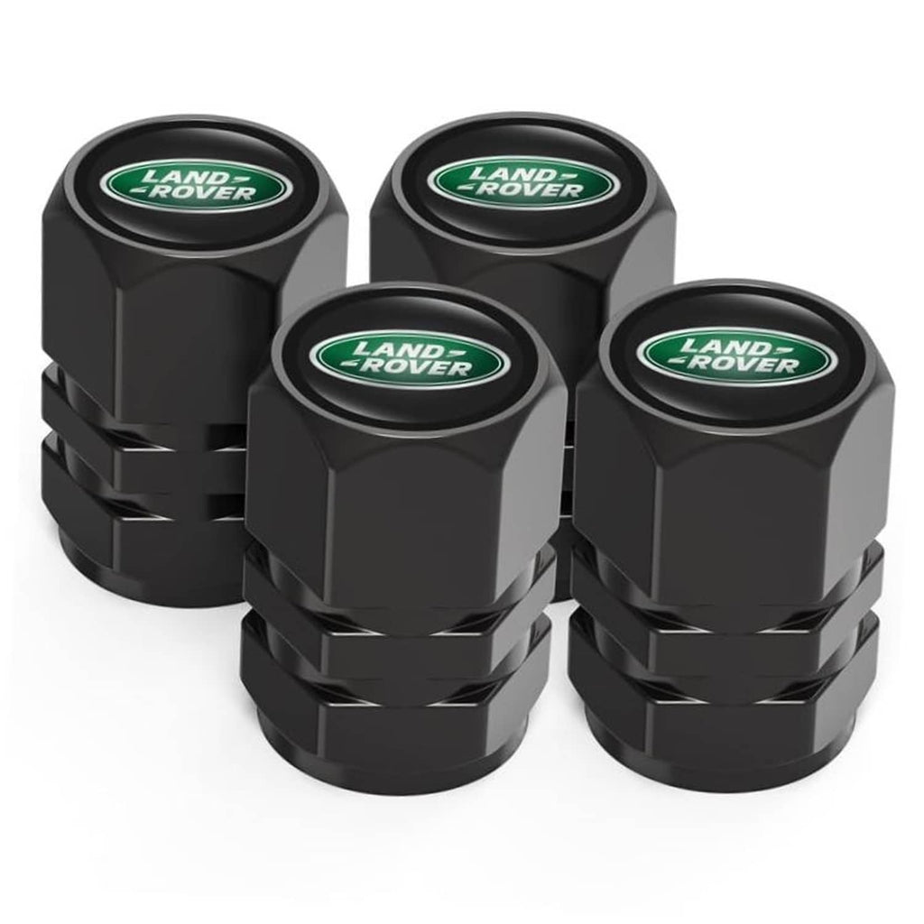 Set of 4 black metal tire valve stem caps with green Land Rover logo