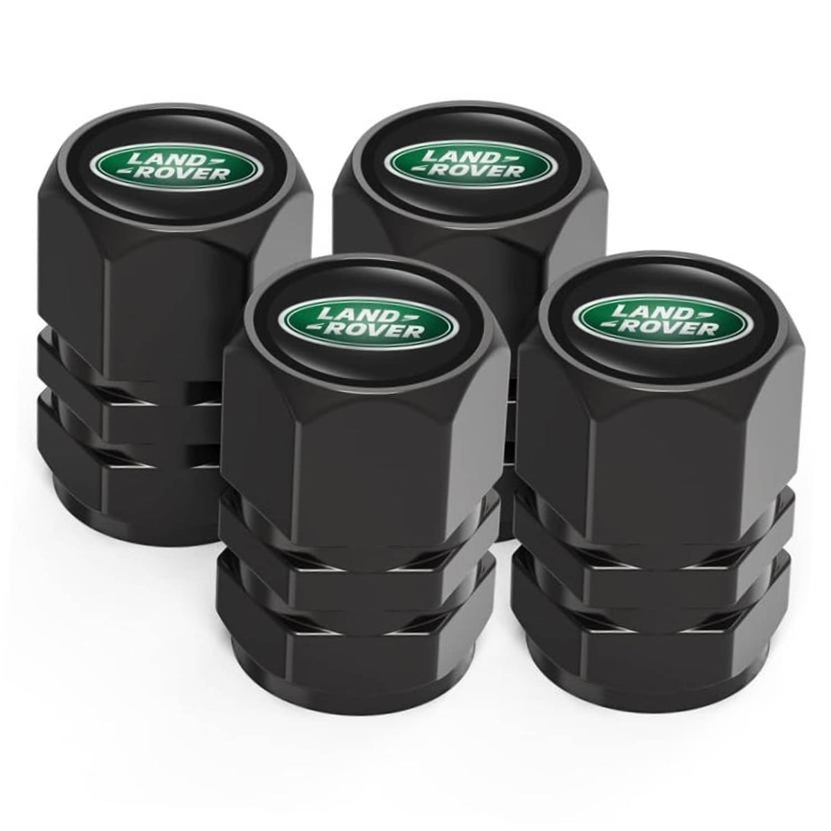 Set of 4 black metal tire valve stem caps with green Land Rover logo