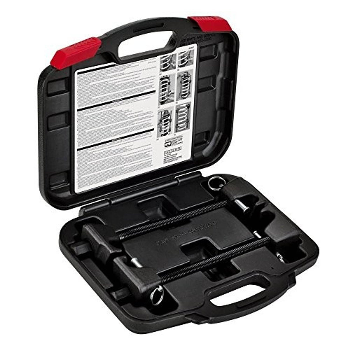 Strut spring compressor kit in open case with instruction insert and mounting parts