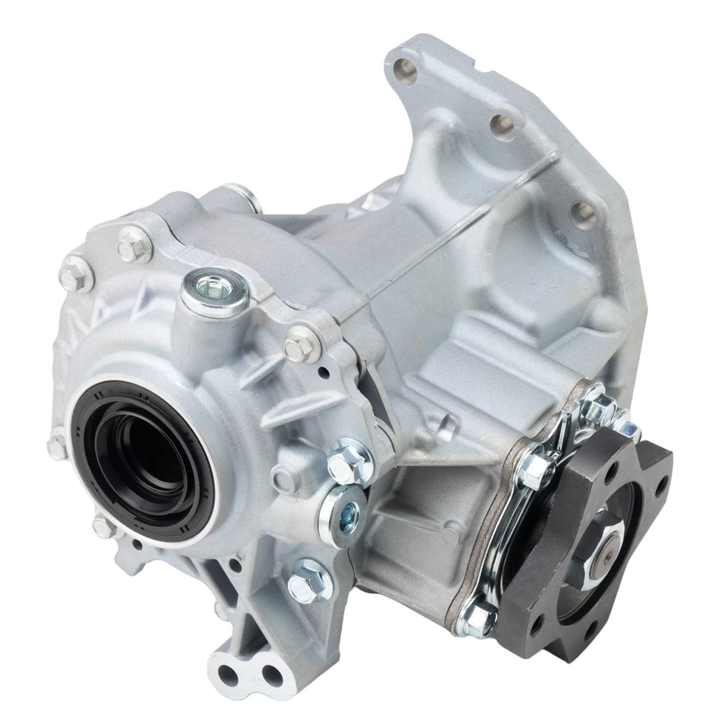 Silver transfer case assembly with black seal ring and rear mounting bracket view