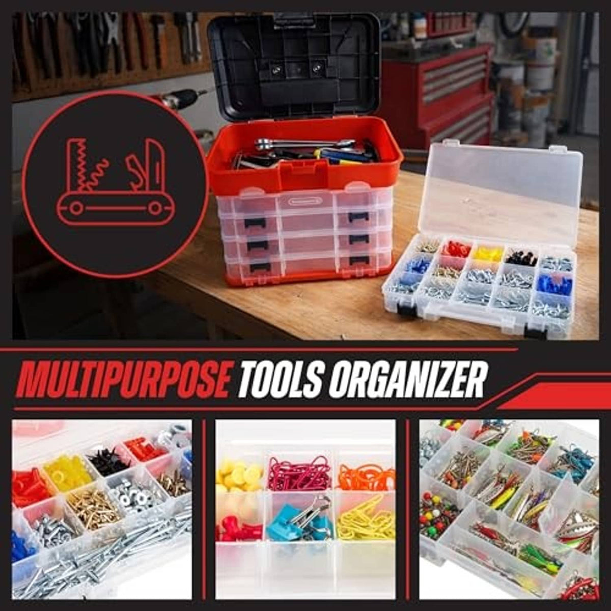 Red tool storage box with clear multi-compartment drawers and black top compartment lid