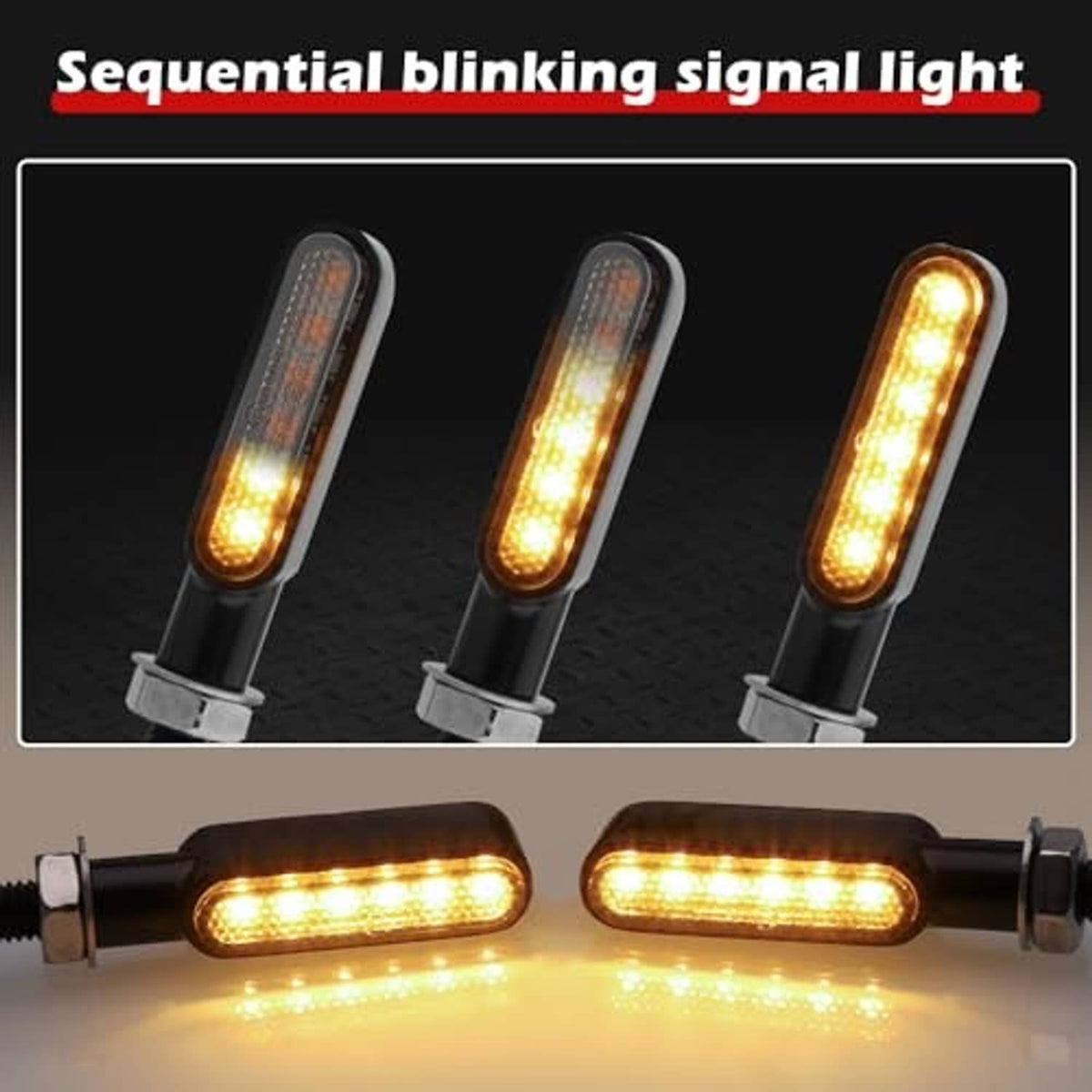 Three amber sequential LED turn signals with black housings