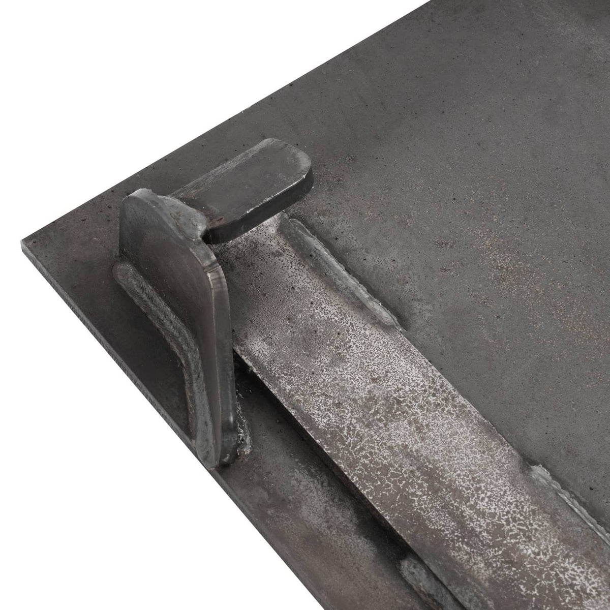 Steel mounting bracket plate with strap-like latch and end pin