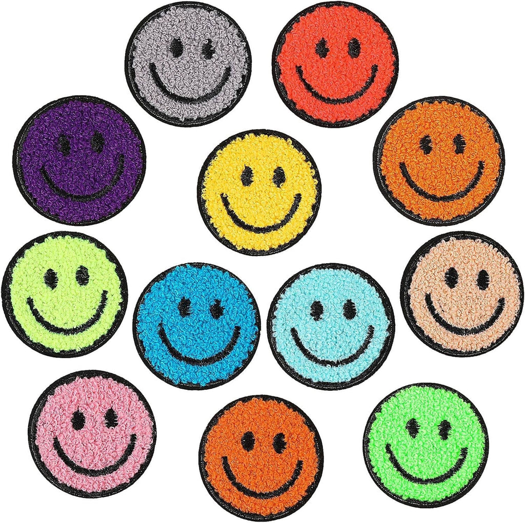 Round chenille smiley face patches set with blue, turquoise, orange, and yellow faces