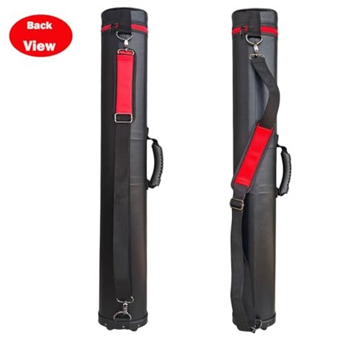 Black oval cue case back view with hanging loop, belt strap and red accent