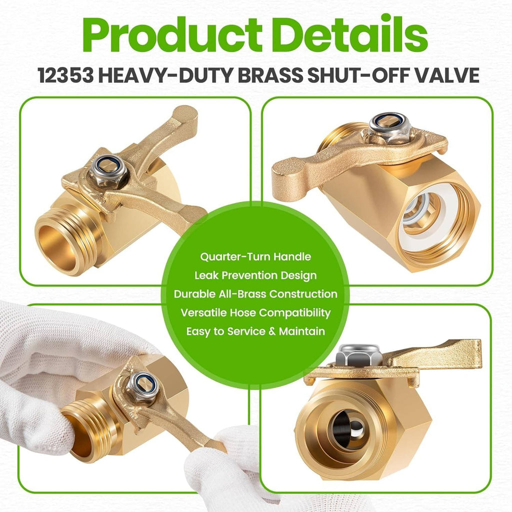 Brass shut-off valve detail view with quarter-turn handle and ports