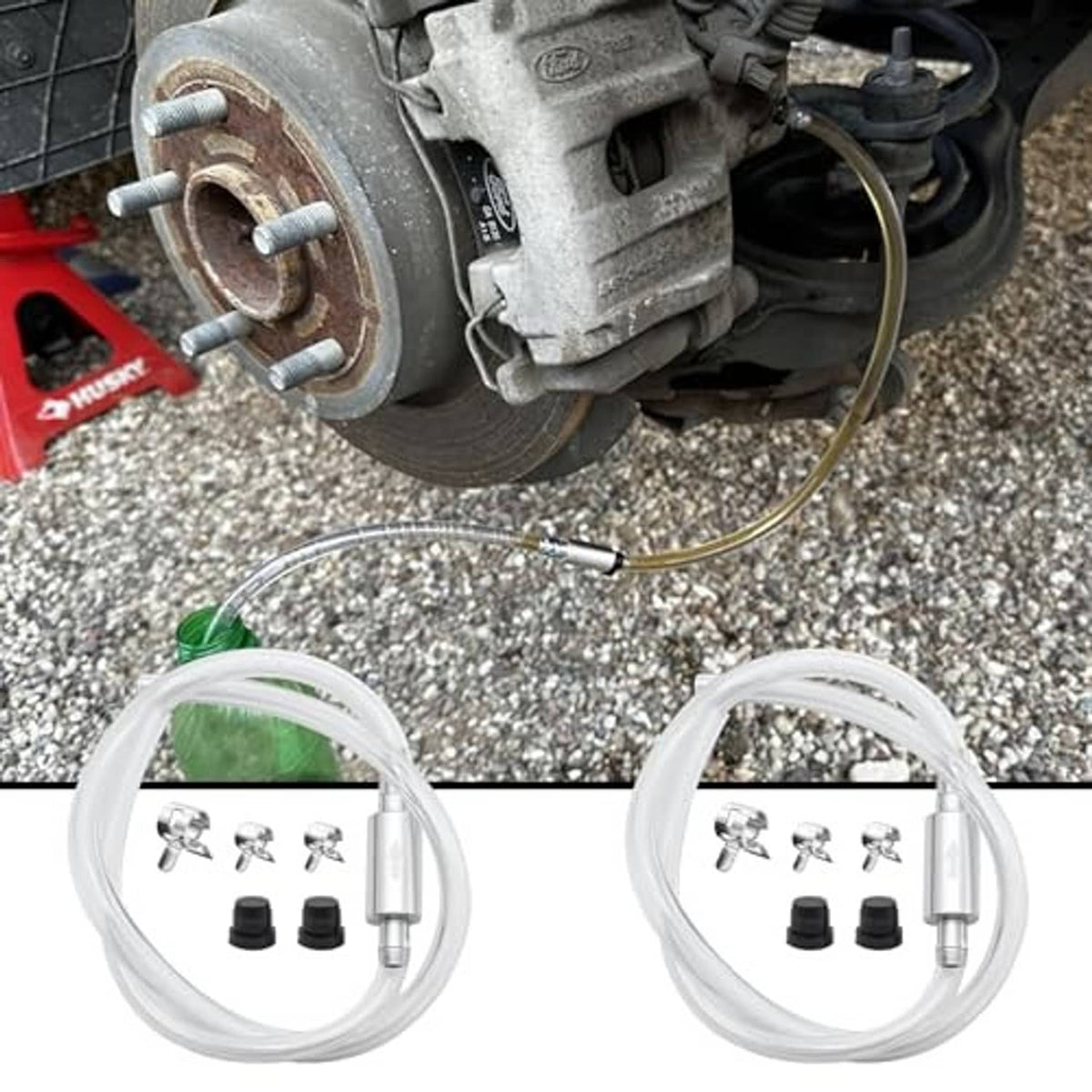 Brake bleeder hose kit displayed with wheel brake hardware, clear hoses with metal fittings
