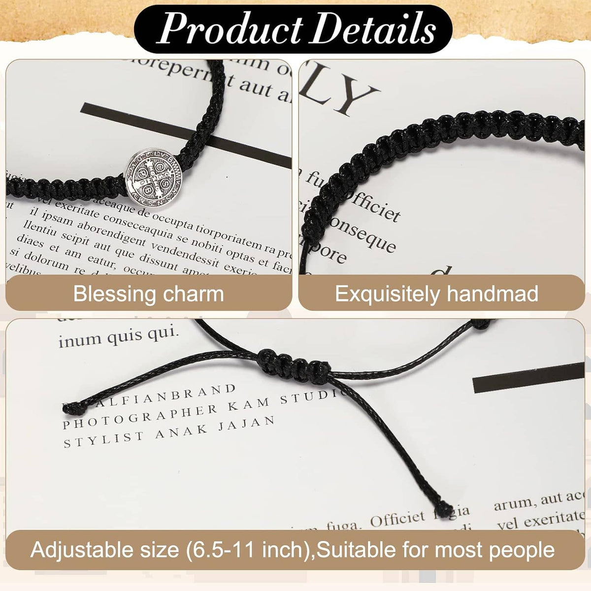 Close-up of black braided bracelet with silver Saint Benedict medal charm, adjustable cord