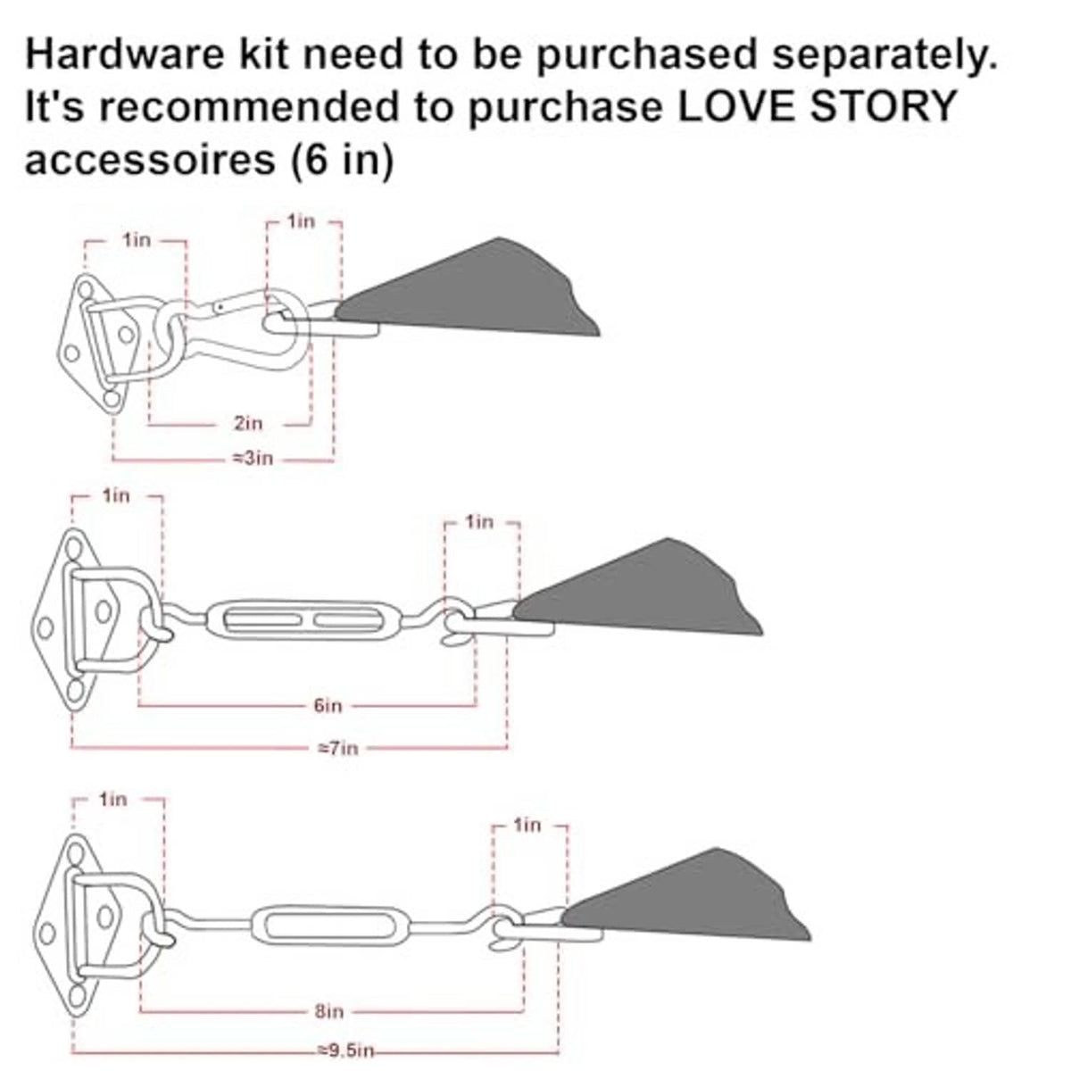 Shade sail hardware kit diagram showing mounting parts and rope attachments