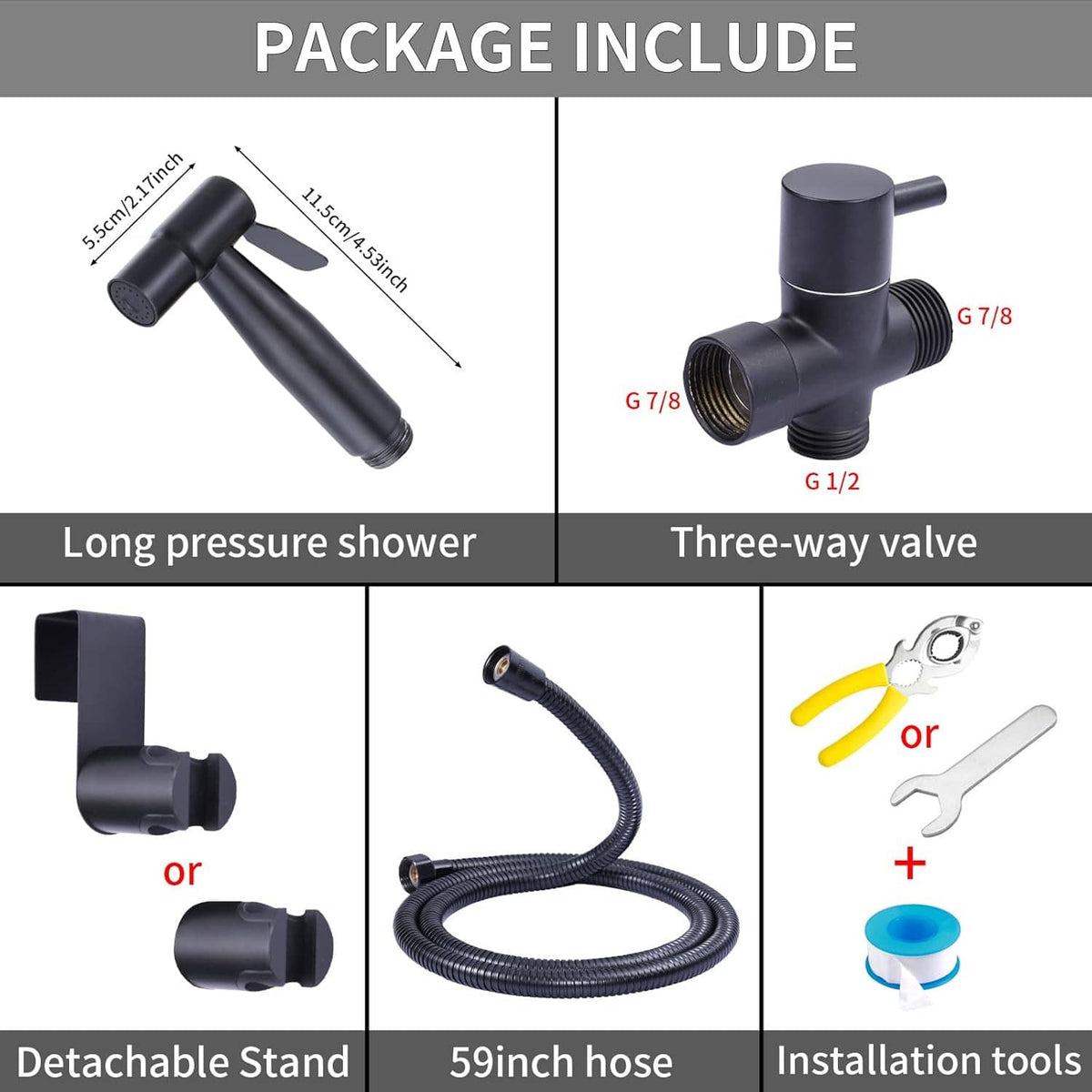 Bidet sprayer package includes detachable stand, braided 59in hose, and installation tools