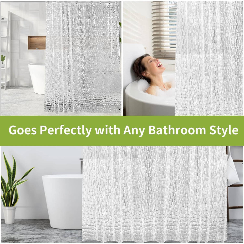 Clear white shower curtain liner for bathroom tubs, flowing textured curtain panel