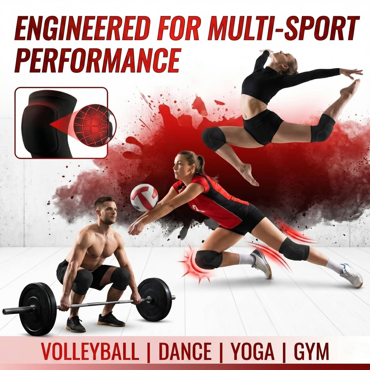 Black multi-sport knee pad sleeve with flexible padded knee support for active movements.