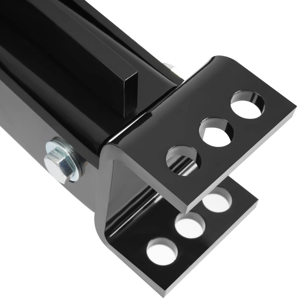 Close-up of black scraper blade mounting plate with multiple bolt holes and brackets