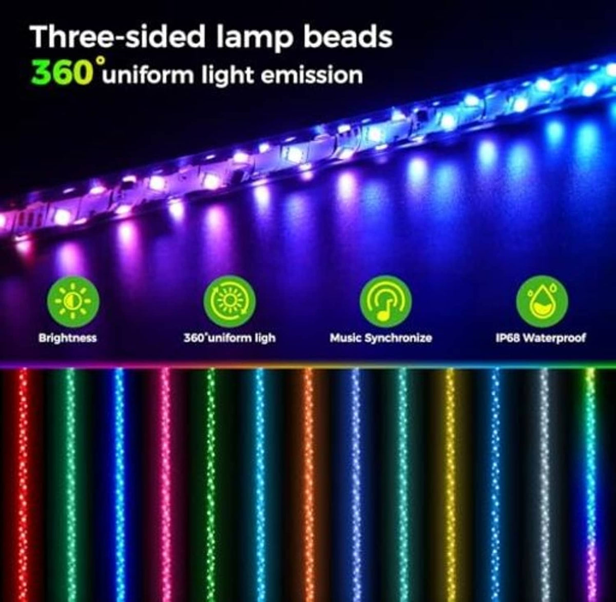 Close-up of blue LED strip with three-sided lamp beads and uniform glow