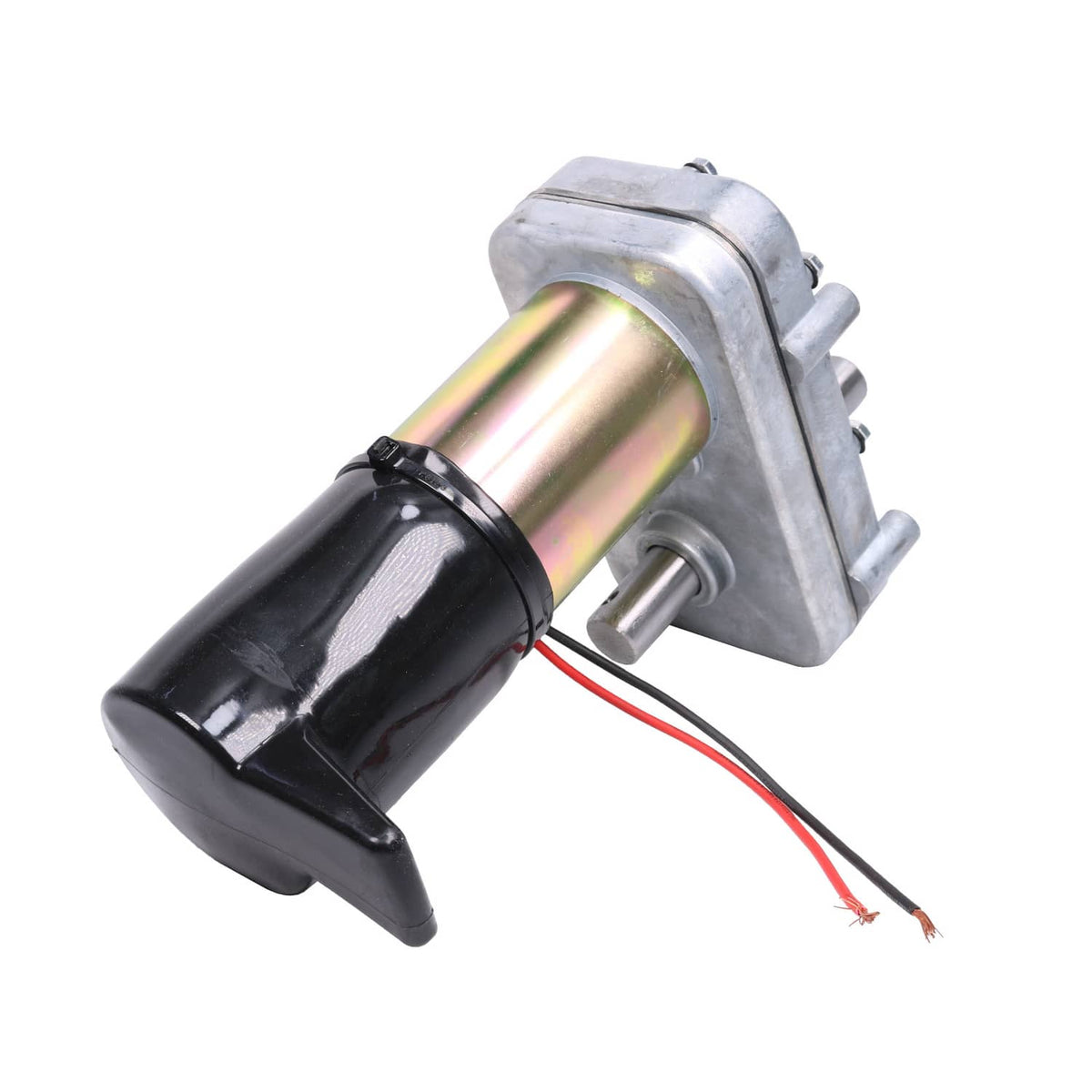 RV slide-out motor with dual shafts, black housing, and red/black power wires