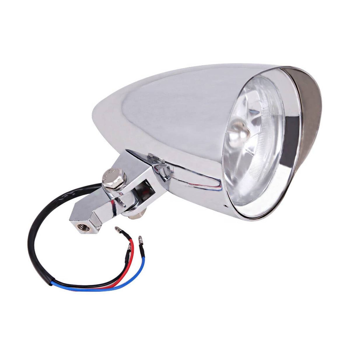 Motorcycle bullet headlight kit with chrome housing, bracket, and three-wire connector