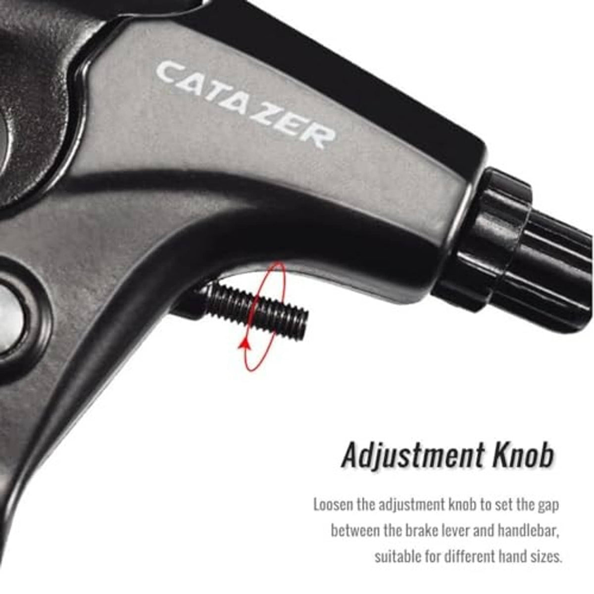 Black bicycle brake lever adjustment knob and pivot screw detail on three-finger body.