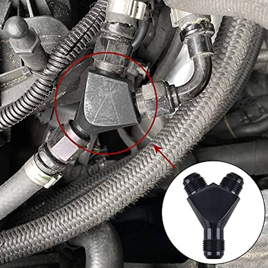 Black 3-way AN flare fitting adapter with three threaded ports
