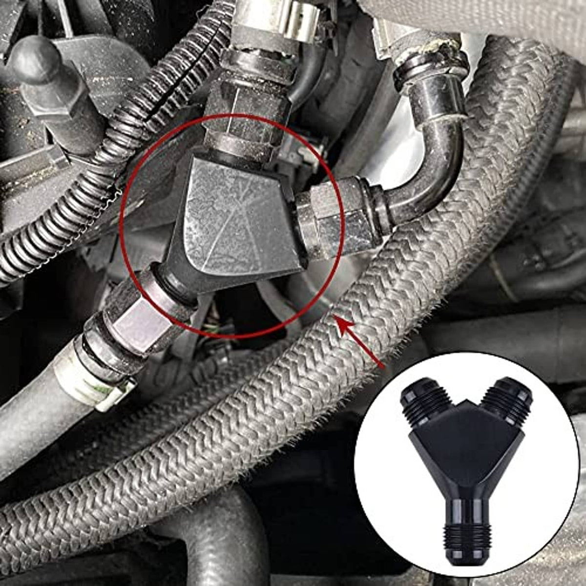 Black 3-way AN flare fitting adapter with three threaded ports