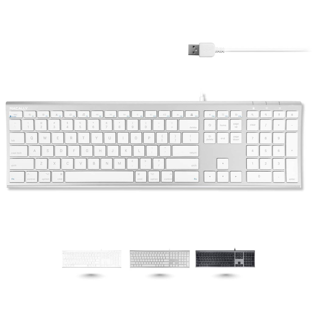 Silver full-size wired keyboard with white keys, aluminum frame, USB connector