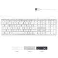 Silver full-size wired keyboard with white keys, aluminum frame, USB connector