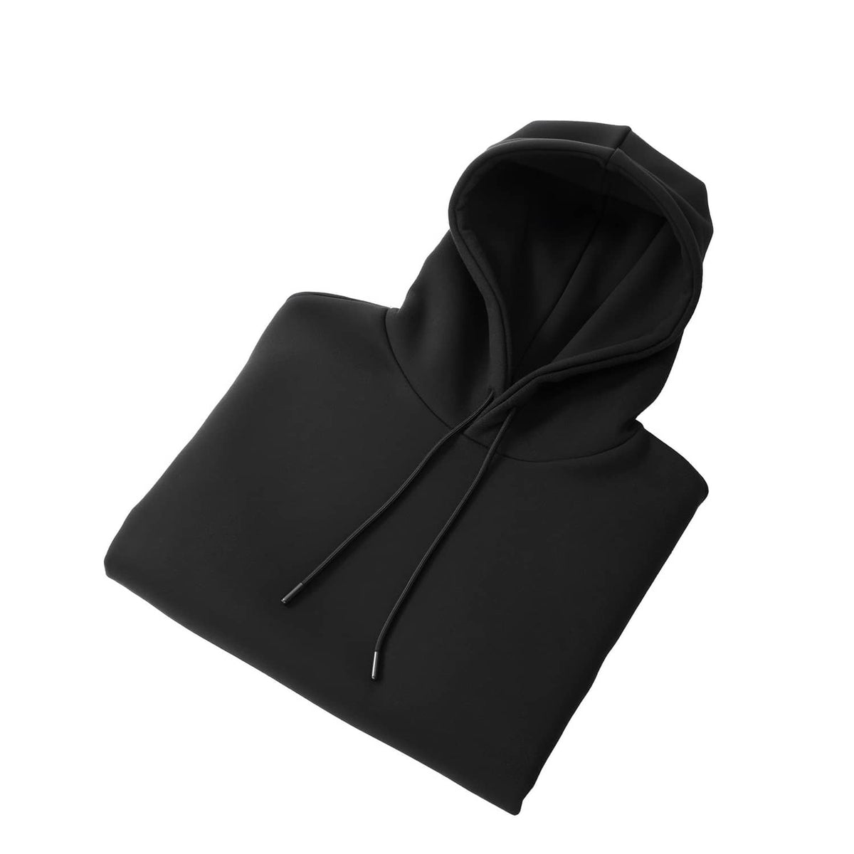Women's black fleece pullover hoodie with hood and drawstrings, front pocket