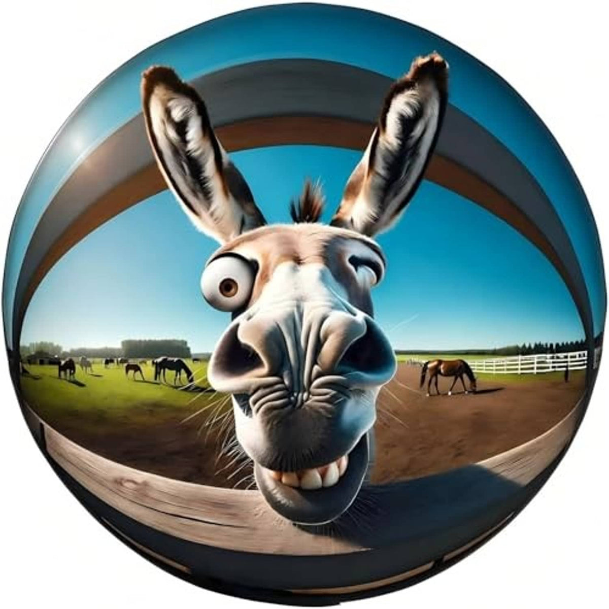 Spare tire cover featuring a centered donkey face graphic with blue landscape