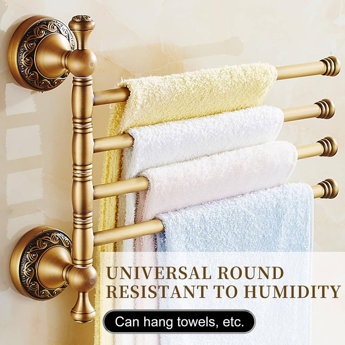 Wall-mounted 4-bar towel rack in antique bronze holding stacked towels on the bars.