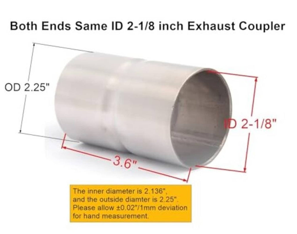 Exhaust coupler size diagram: 2-1/8 in ID, 2.25 in OD, stainless steel