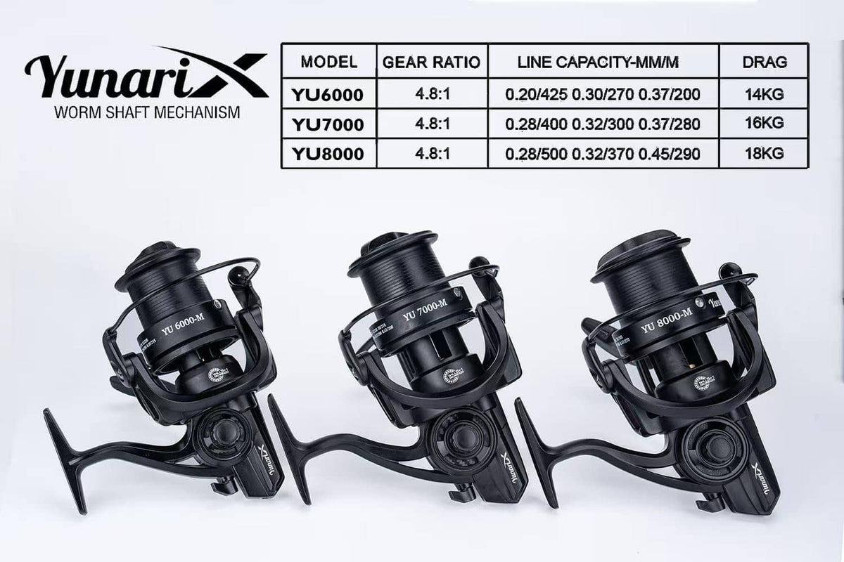 Black YunariX spinning reels with model/spec table shown beside three reel views